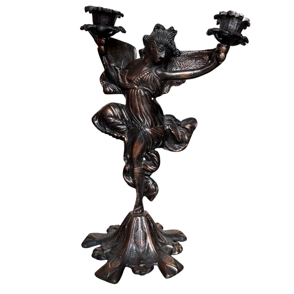 Vtg Winged Fairy Angel Candelabra Cast Metal Double Taper Art Nouveau Bronze
